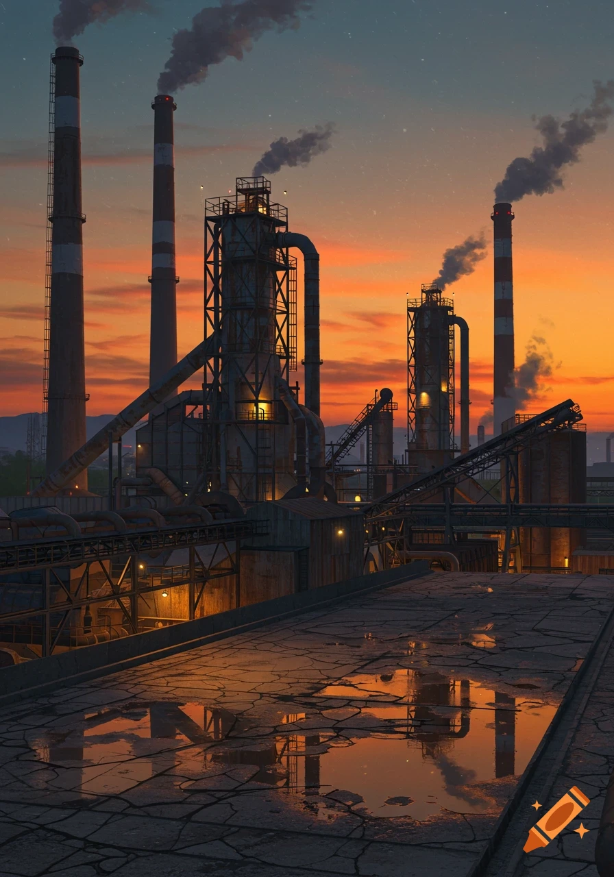 Industrial factory with smoking chimneys and complex structures under an orange sunset, reflected in cracked pavement puddles.