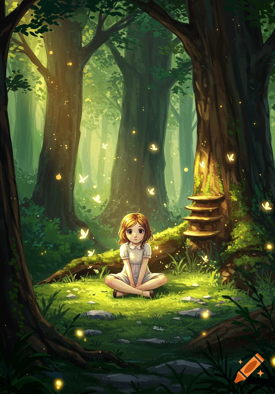 An illustrated girl with brown hair sits cross-legged in a magical forest filled with glowing butterflies and light orbs.