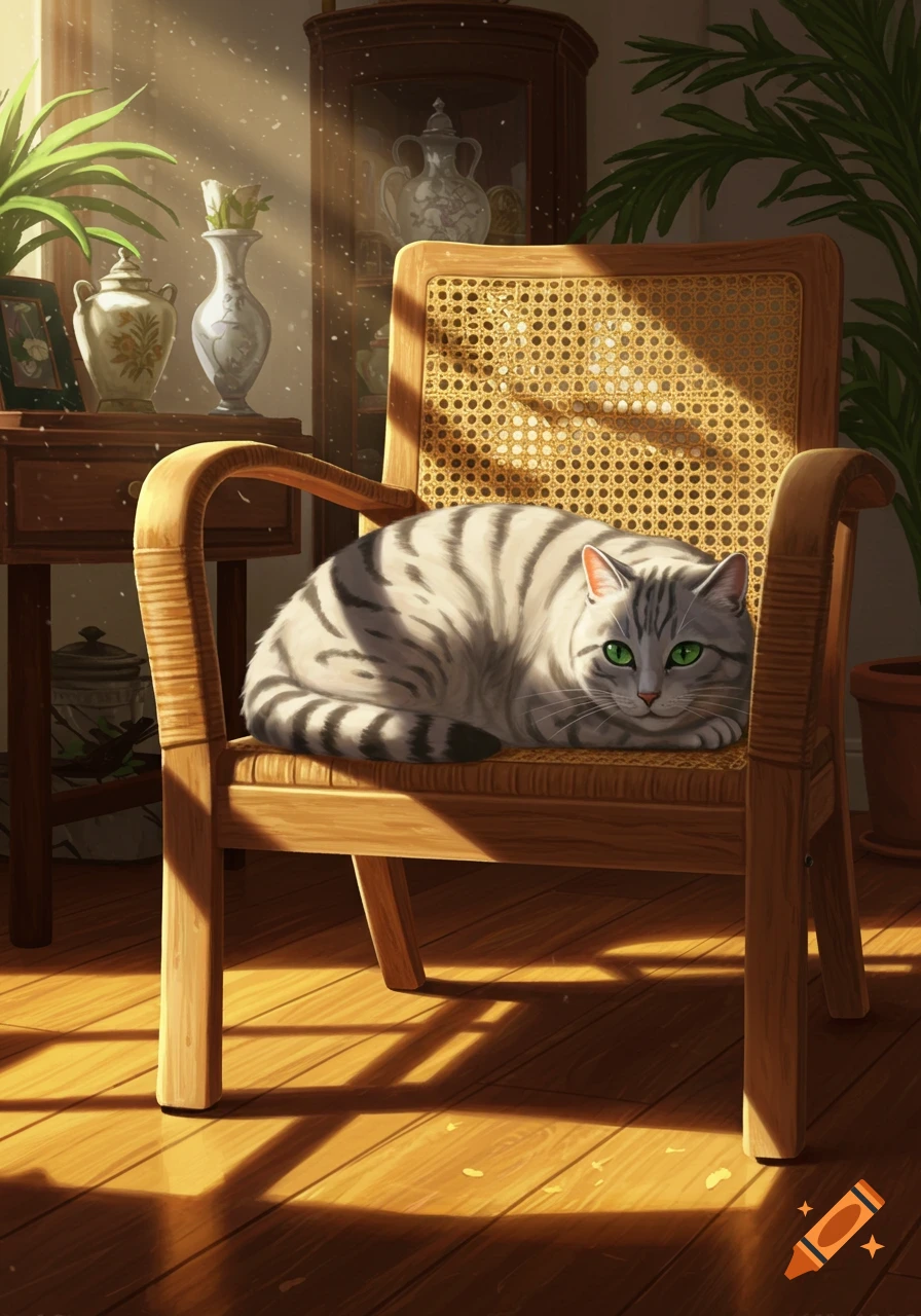 A chunky, light gray tabby cat with green eyes rests on a wooden cane chair in a sunlit room, digital art.