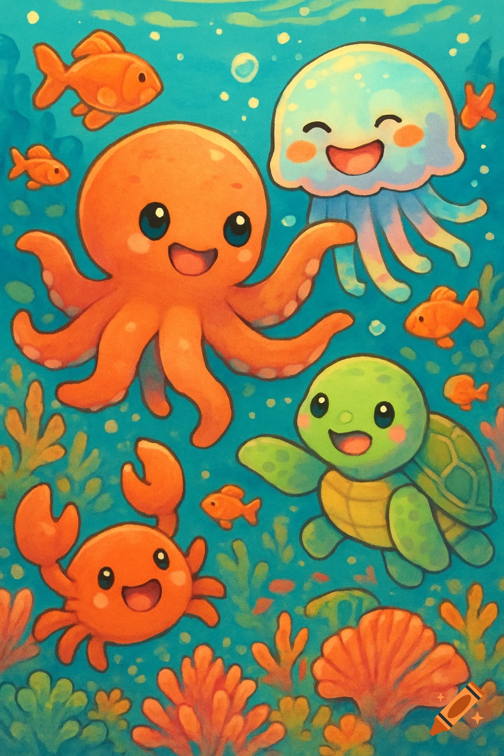 A vibrant and cute cartoon poster of an octopus, jellyfish, sea turtle, and crab smiling underwater among coral and goldfish.