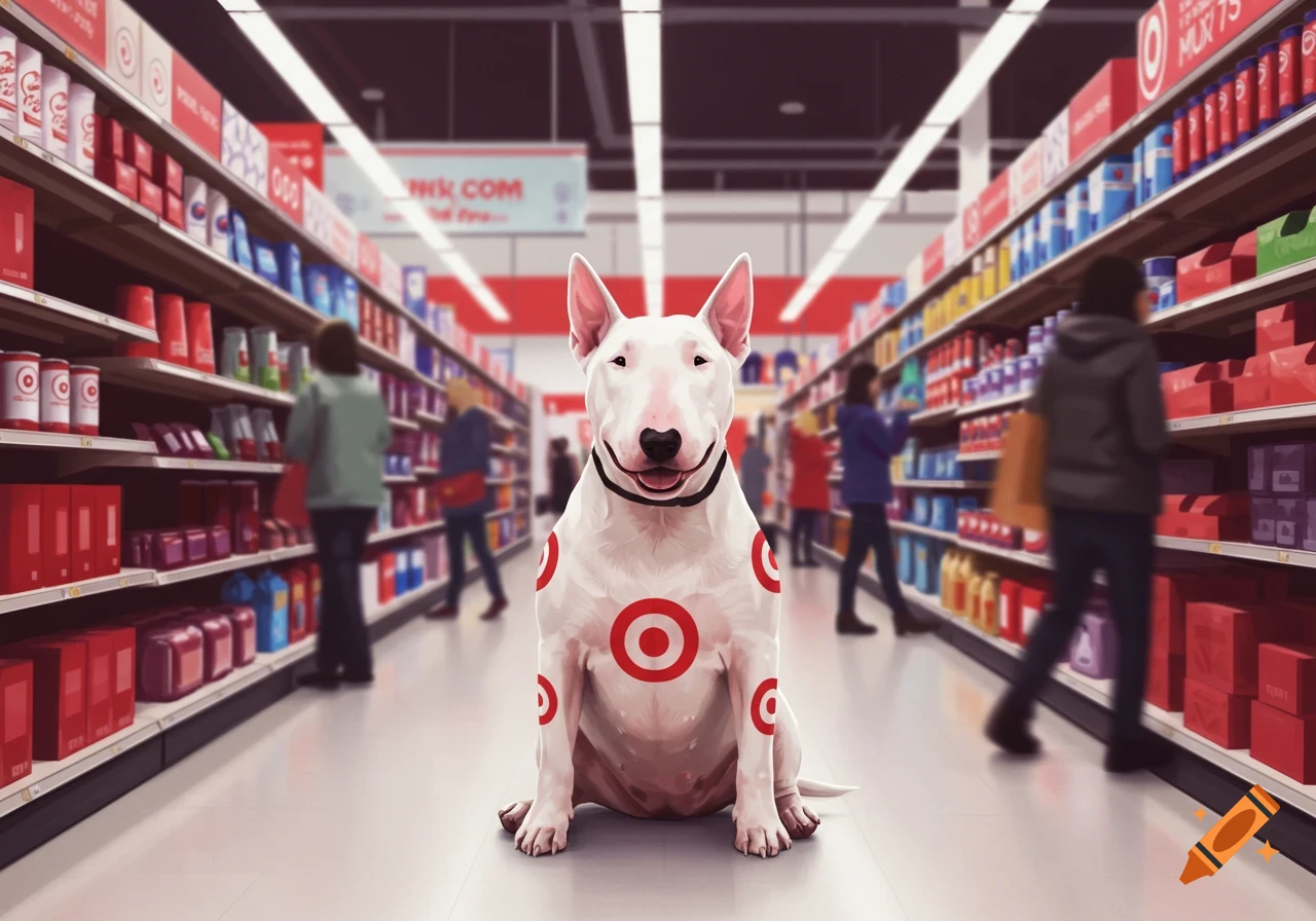 A Bull Terrier dog with red Target bullseye logos sits centered in a blurred supermarket aisle, with shelves of products and shoppers in the background.
