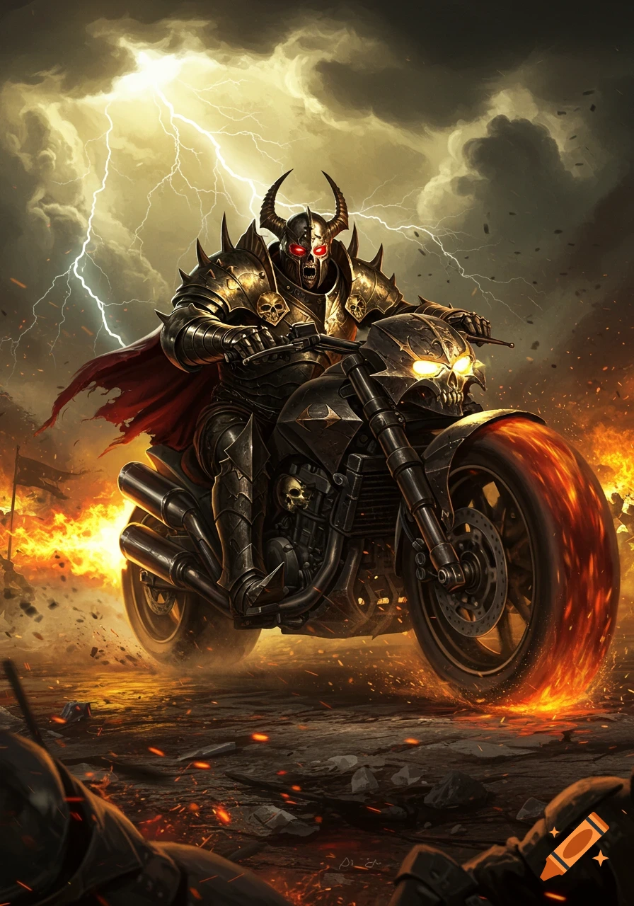 A menacing, horned warrior in golden and black armor rides a skull-fronted motorcycle with flaming wheels through a fiery, lightning-struck wasteland in a dark fantasy art style.