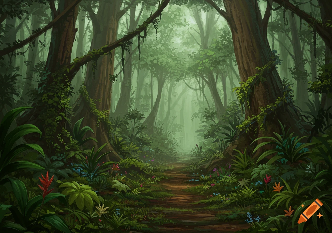 A lush, green forest path winds through thick trees and tropical plants, with mist in the background.