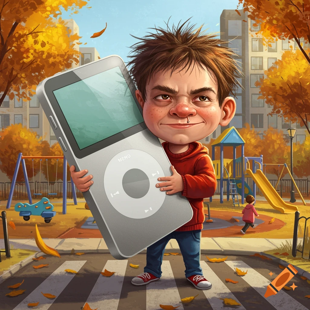 A cartoon boy with messy hair and a nose ring stands in a playground, grinning while hugging a giant iPod Classic.