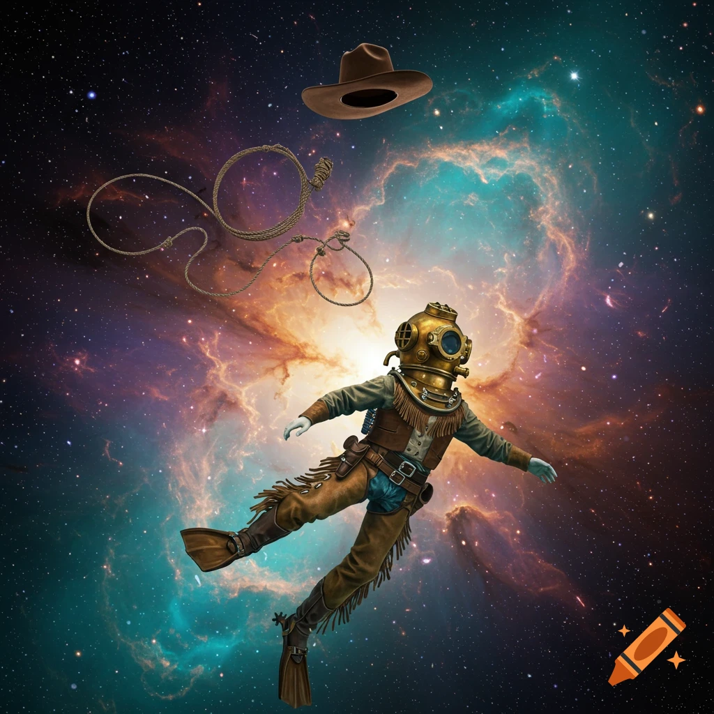 A cowboy-attired deep-sea diver floats in space near a lasso and hat, set against a vibrant nebula.