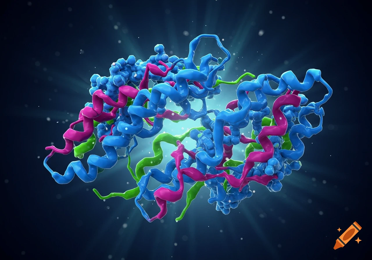 Colorful 3D render of a complex protein molecule with blue, magenta, and green folded chains against a dark blue background.
