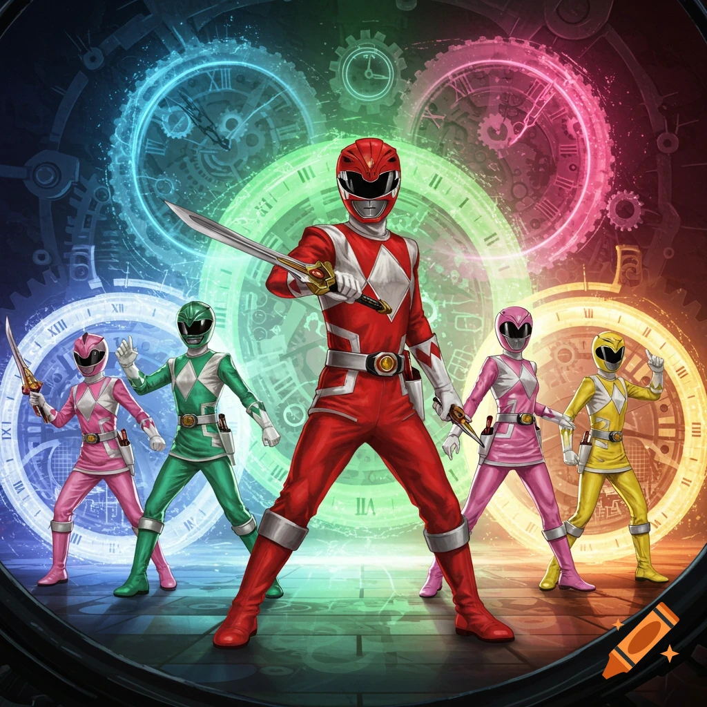 Five Power Rangers in red, green, pink, and yellow suits stand with swords in a vibrant, gear-filled, time-themed background.