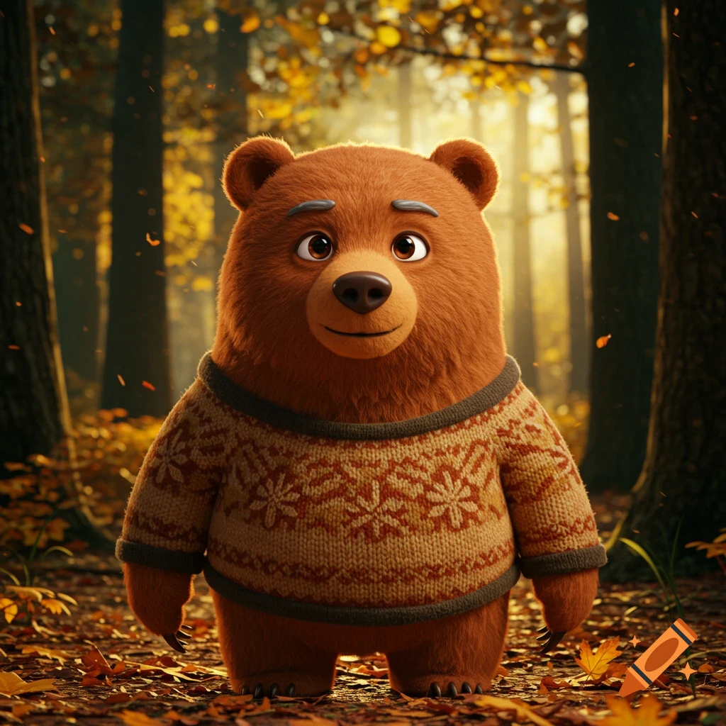 A cute, brown cartoon bear wearing a patterned knitted sweater stands in an autumn forest with golden leaves.