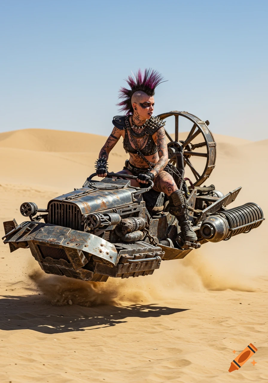 A post-apocalyptic punk female mercenary rides a scrap metal hovercraft across a vast desert landscape.