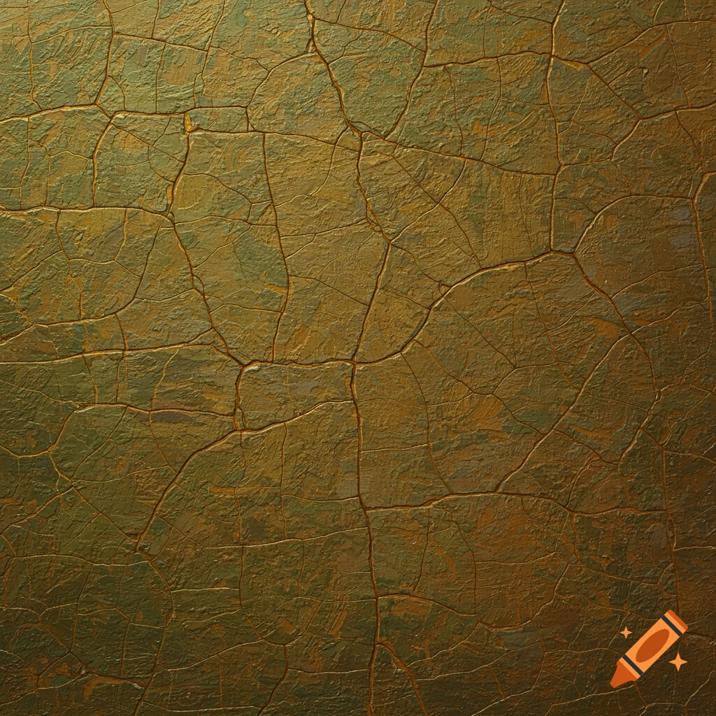 A close-up of an aged, cracked texture with gold, brown, and green hues, resembling craquelure on a painting.