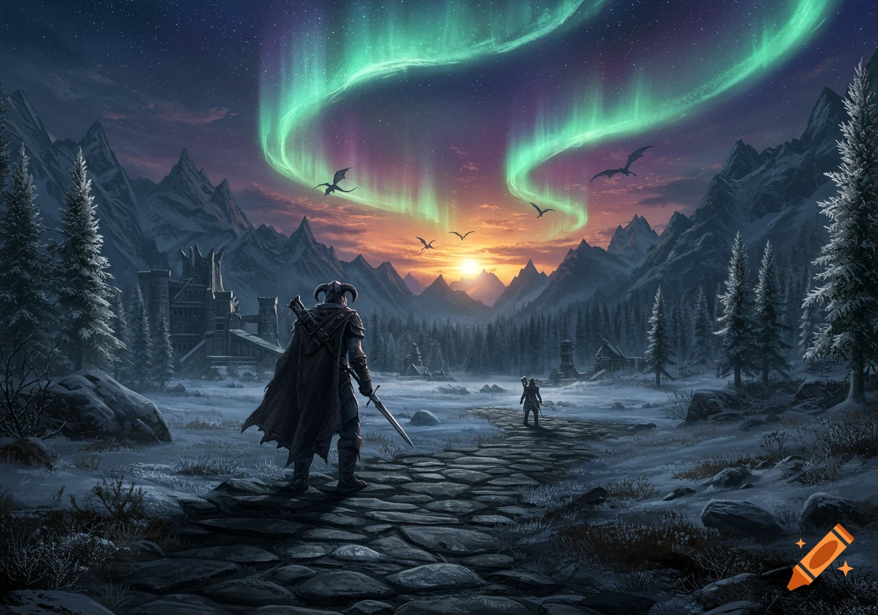 A warrior in a horned helmet and cloak stands on a stone path in a snowy mountain landscape, facing a distant figure. A castle, pine trees, and dragons are visible under a sky with a glowing green aurora and a sunset.