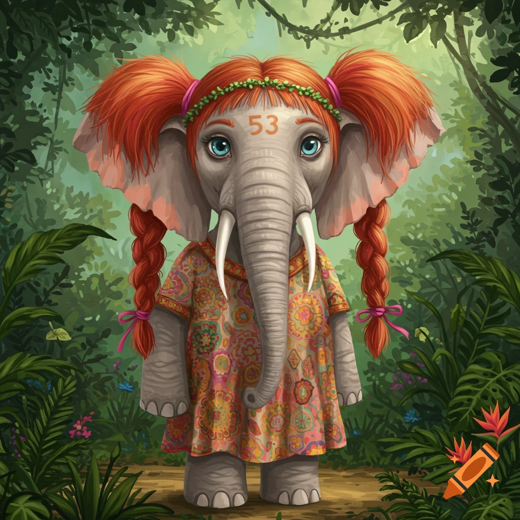 A cartoon elephant character with red pigtails and a flowery dress stands in a lush jungle. The number '53' is on its forehead.