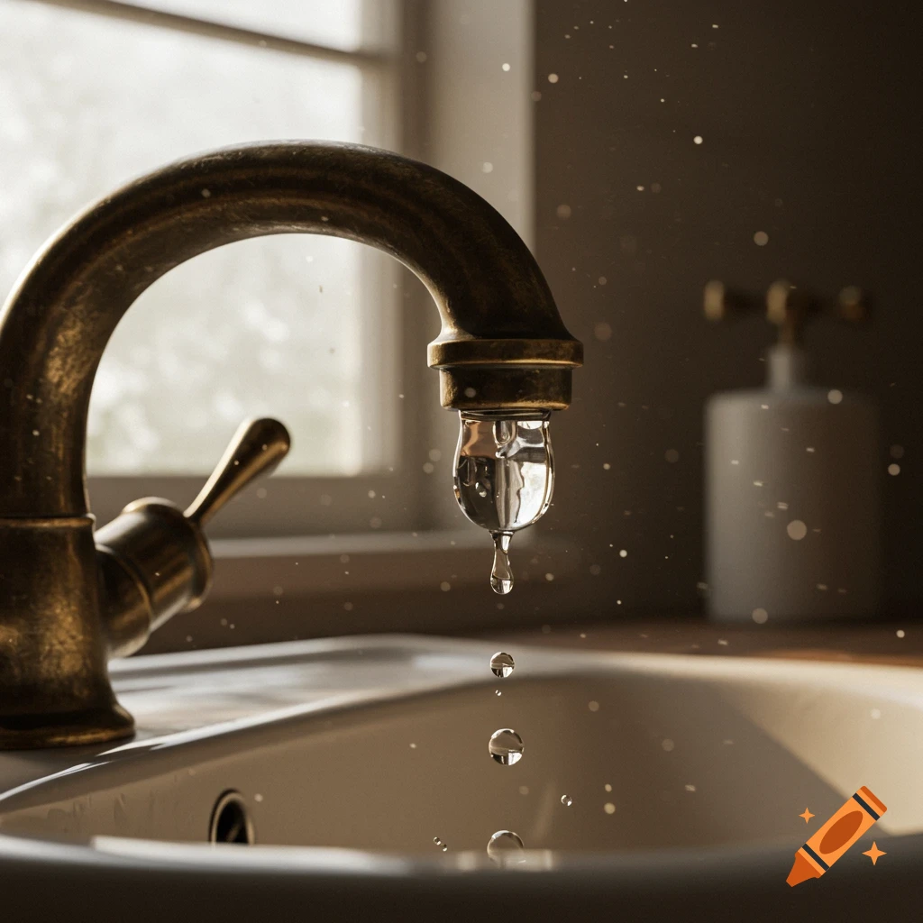 Photorealistic close-up of a brass faucet dripping water into a white sink, with sunlight in the background.