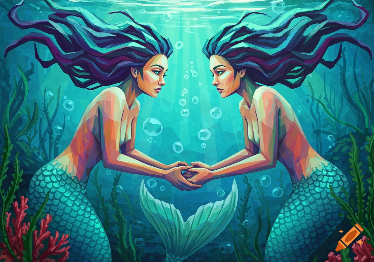 Two cubist mermaids with flowing purple hair holding hands underwater, surrounded by sea plants and bubbles.