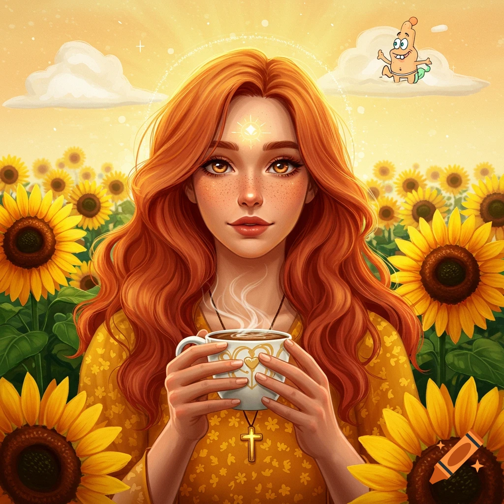 A red-haired woman with amber eyes holds a coffee cup in a sunflower field under a sunny sky, with Patrick Star floating above. She wears a cross necklace.