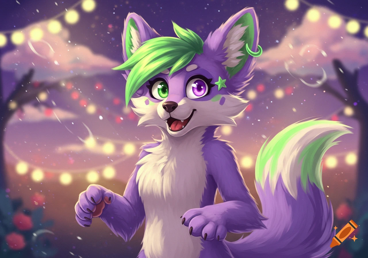 Playful lavender anthro fox-dog with green hair, heterochromia, and a star marking, smiling against string lights in a digital art style.