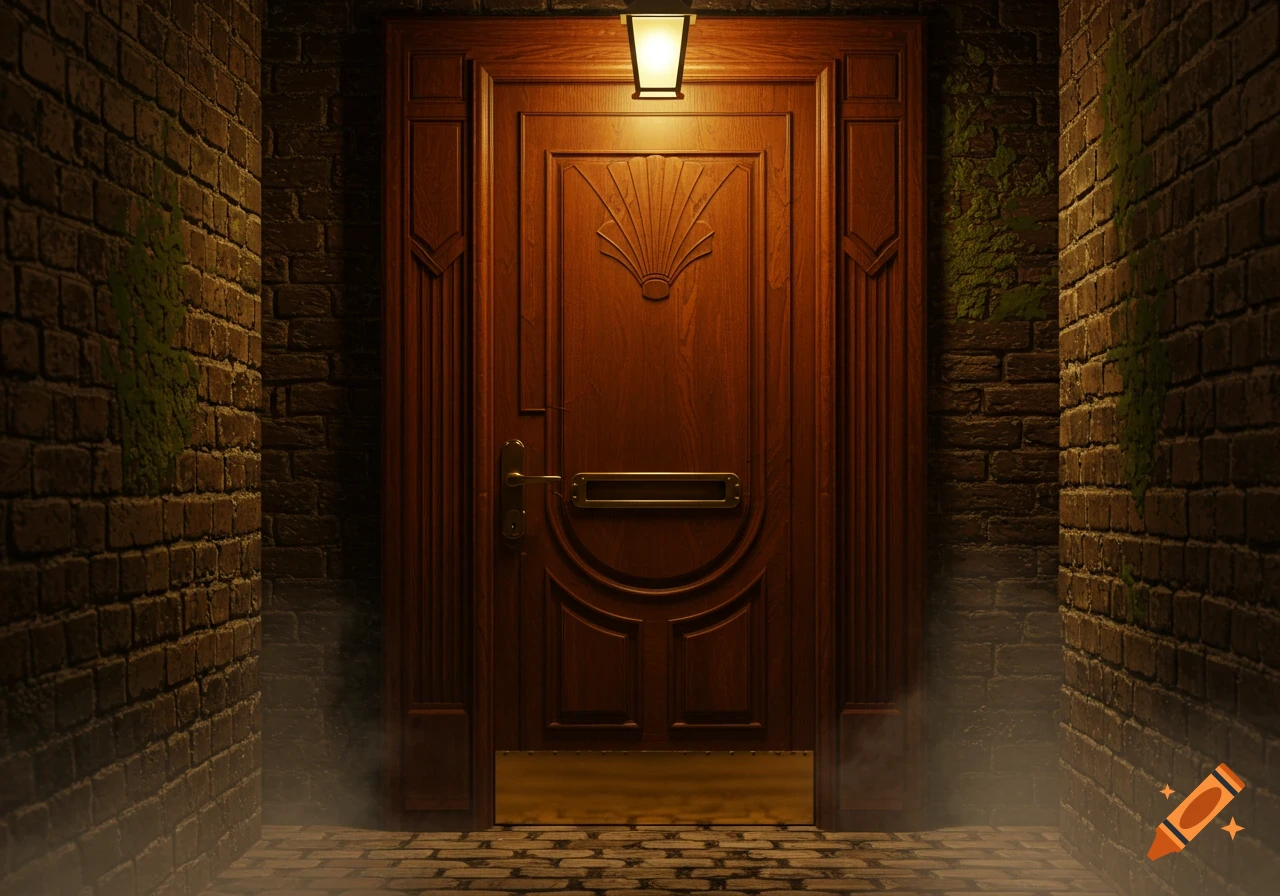 An elegant wooden speakeasy door with a mail slot, illuminated by a lamp in a dark, misty brick alleyway.