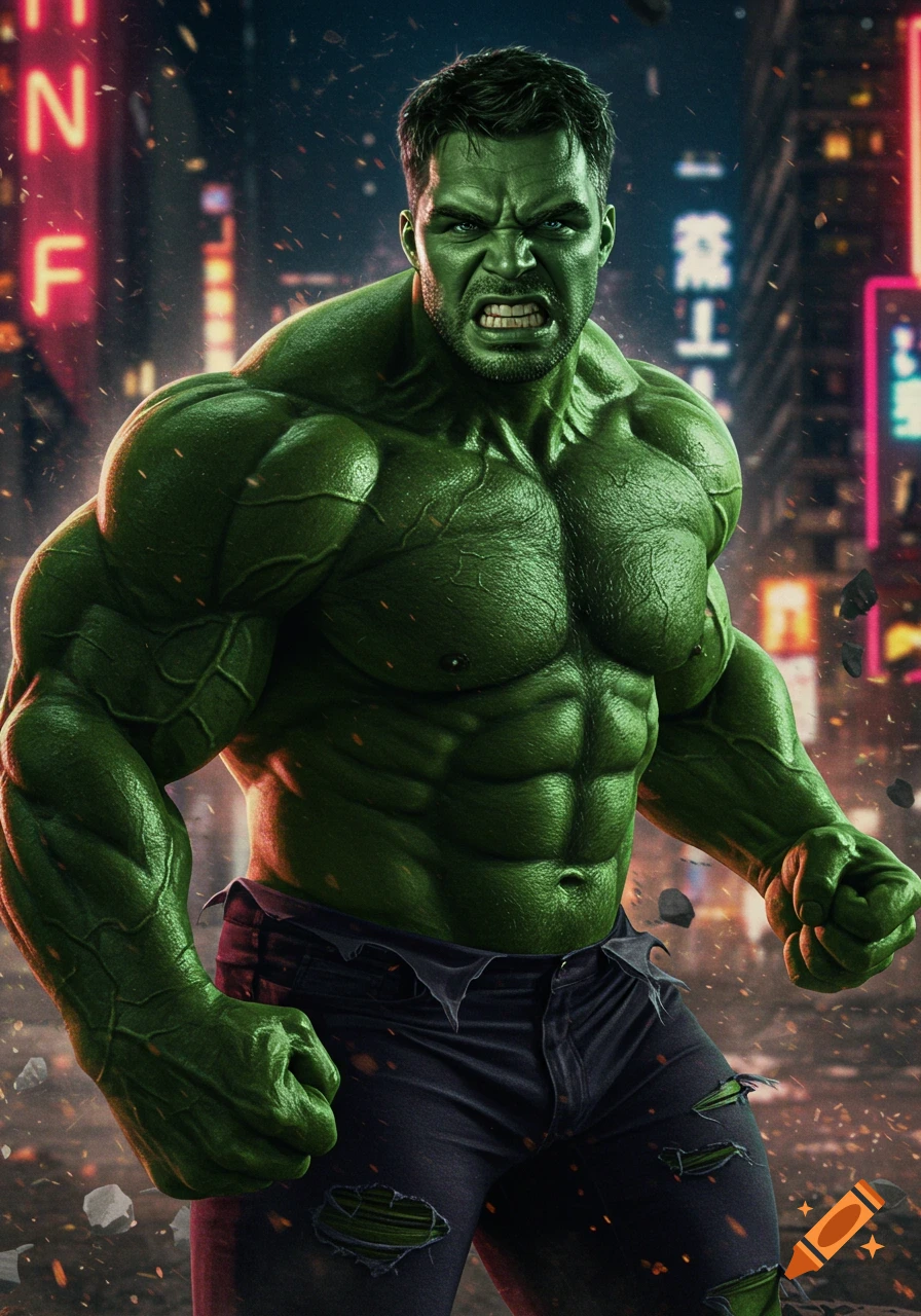 Photorealistic Hulk roars aggressively, muscles bulging, torn pants, against a neon-lit cityscape with flying debris.