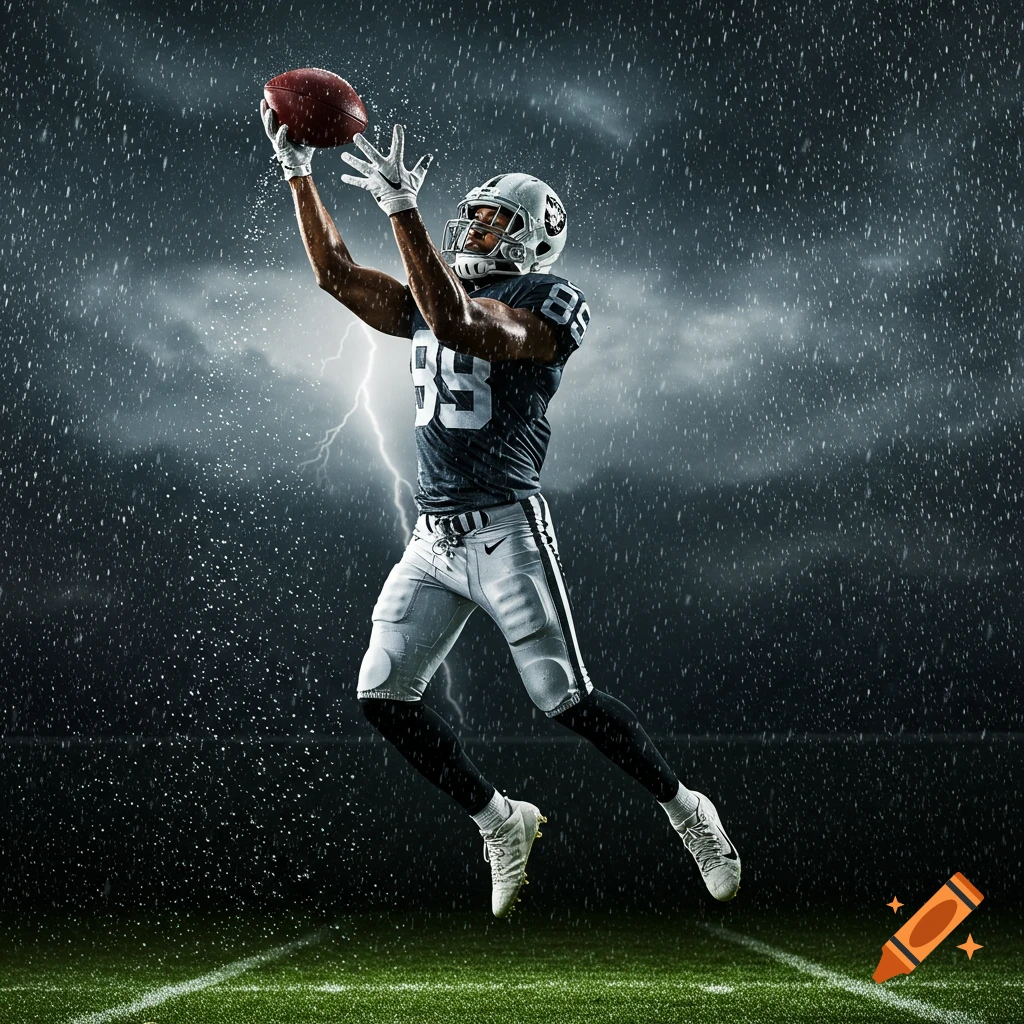 A photorealistic image of a football player in a silver and black uniform making a one-handed catch in the rain with lightning in the background.