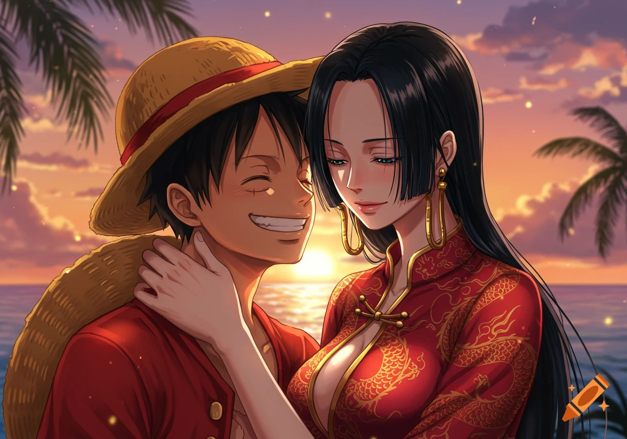 Anime characters Luffy and Hancock embrace on a beach at sunset, with palm trees and an orange sky.