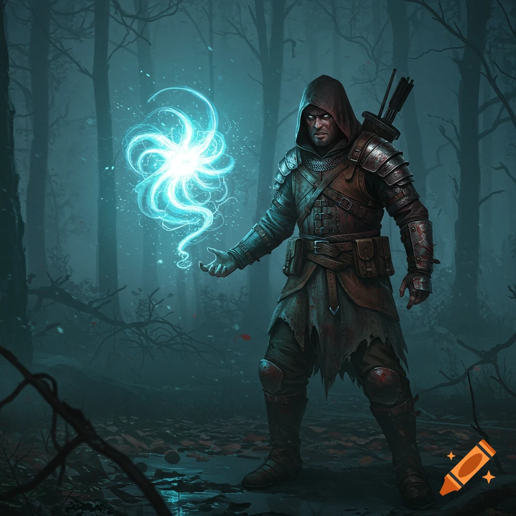 A medieval ranger in a dark forest holds a glowing blue magical anomaly in this dark fantasy artwork.