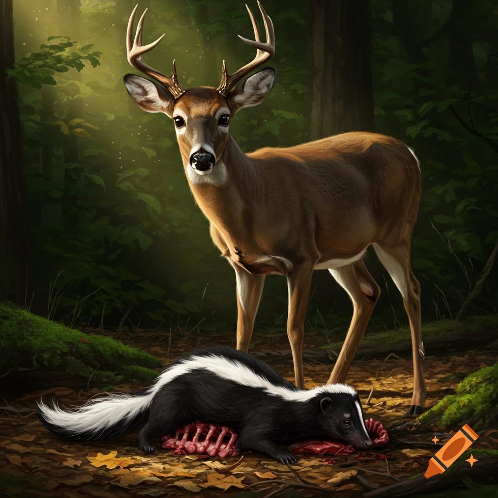 A majestic white-tailed deer stands in a sunlit forest clearing over the bloody carcass of a dead skunk with exposed ribs.