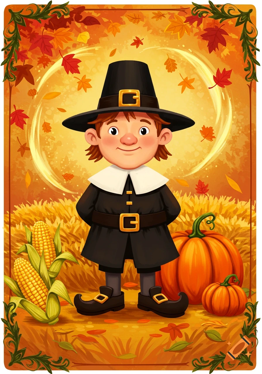 Cartoon pilgrim in black hat and suit, standing amidst autumn leaves, corn, and pumpkins, on a vibrant fall background.