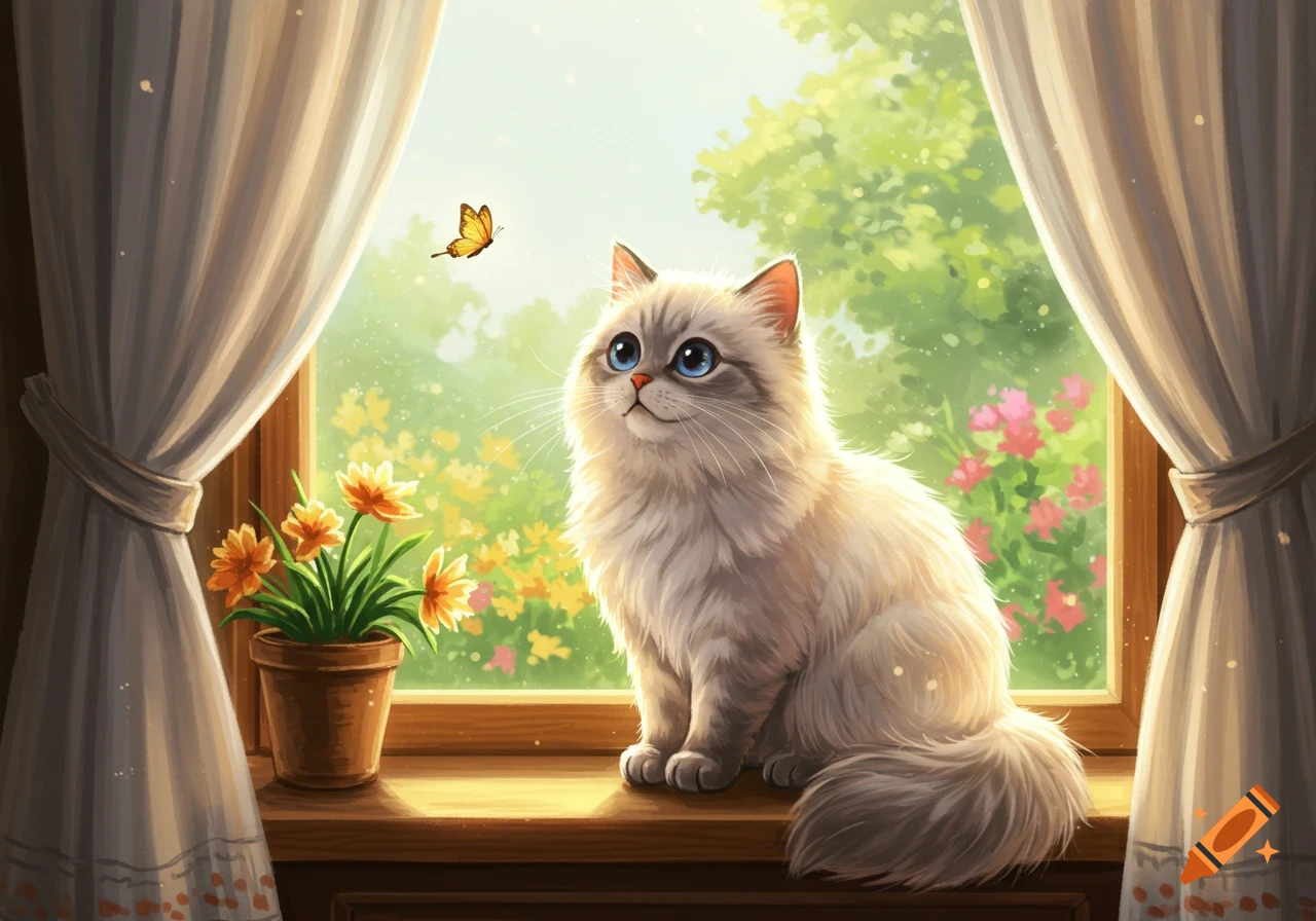 Fluffy white cat with blue eyes sitting on a window sill, looking up at a butterfly, with a bright green garden outside.