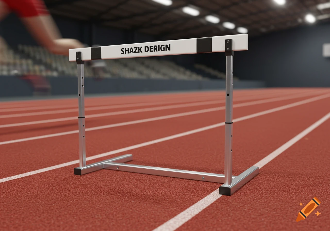 A close-up, low-angle shot of a white hurdle on a red running track in an indoor stadium, with a blurry runner in the background.