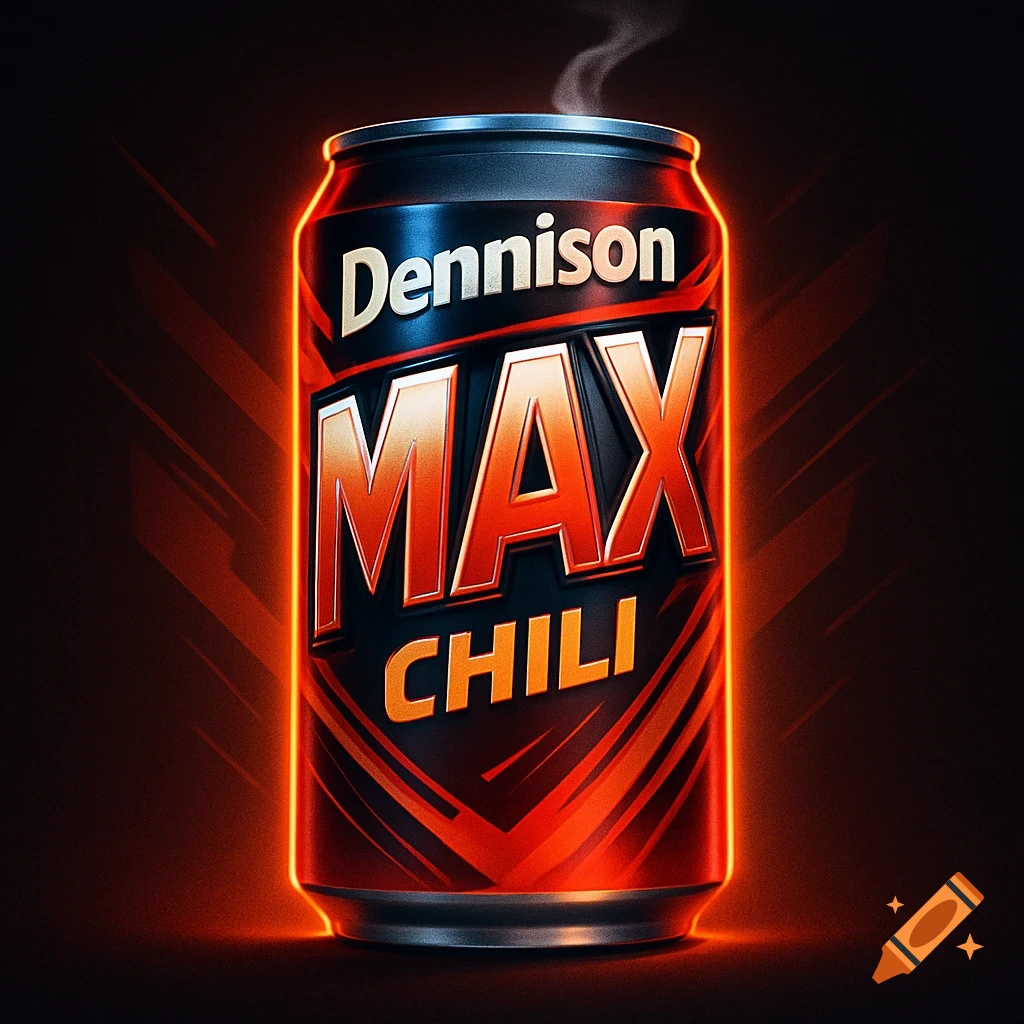 A black and red can of Dennison MAX CHILI with glowing orange edges and steam rising from the top, against a dark background.