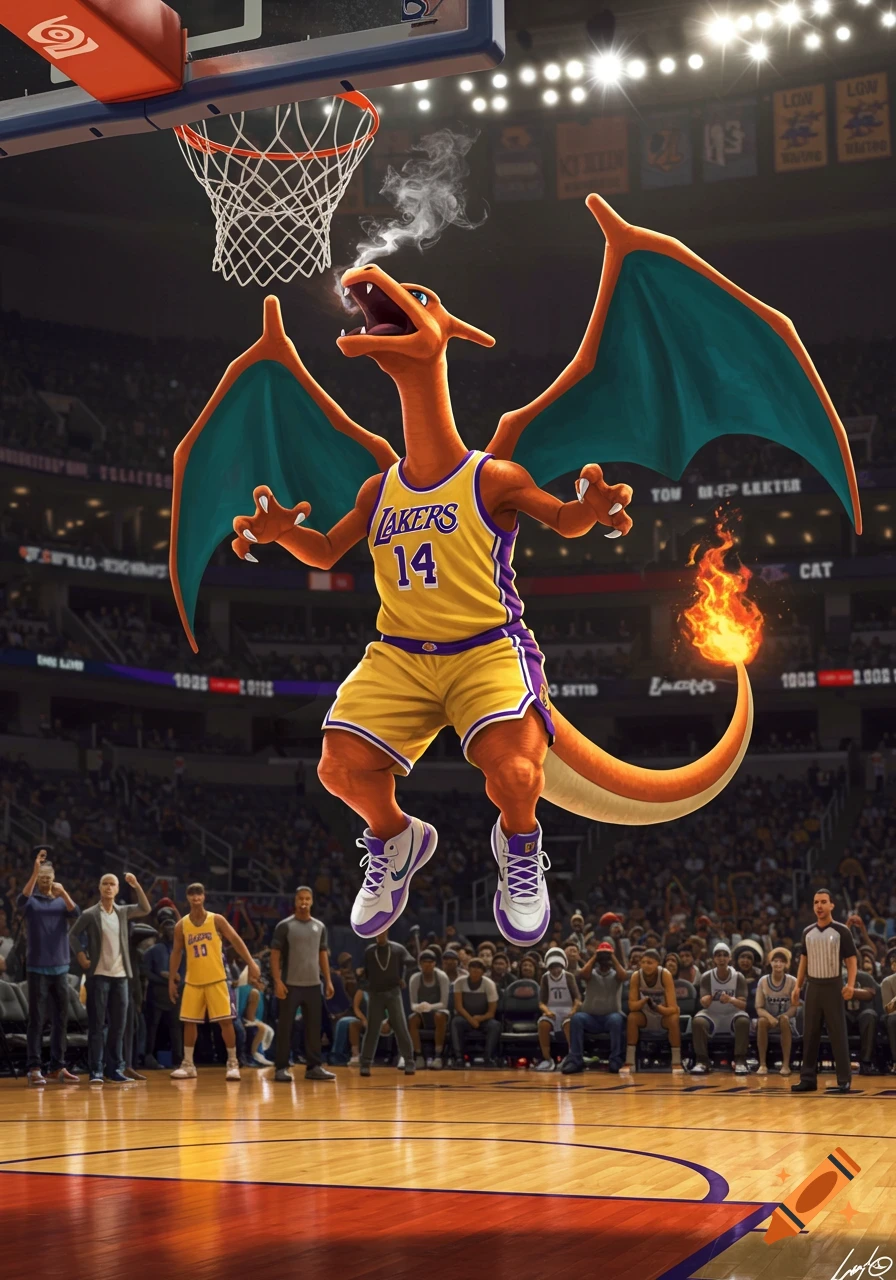 Charizard wearing an LA Lakers jersey dunks a basketball in a stadium. The dragon breathes smoke while floating near the hoop.
