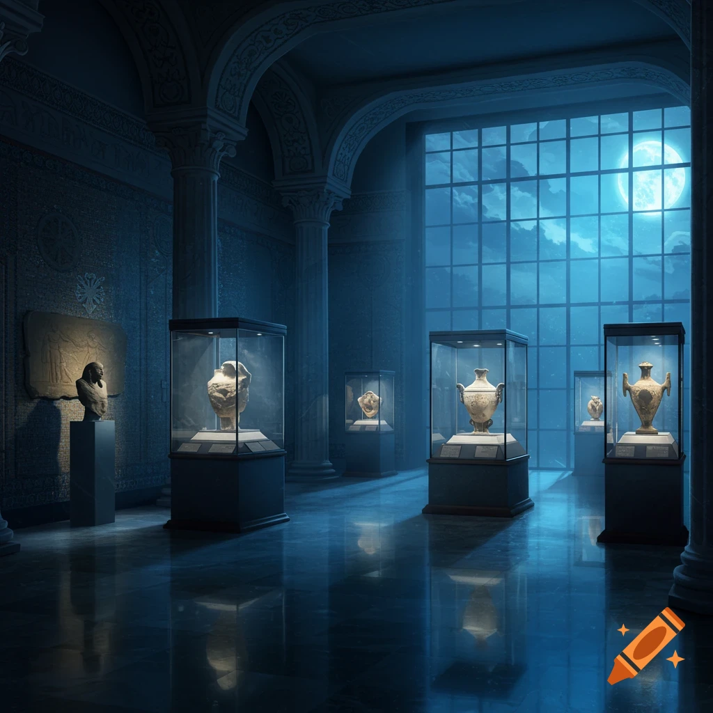 A dimly lit museum room at night, with ancient artifacts in glass display cases illuminated by moonlight through a large window. Photorealistic.