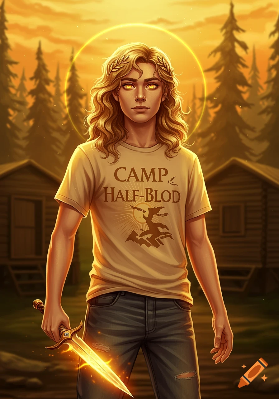 Fantasy portrait of a blond boy with glowing eyes, wearing a Camp Half-Blood t-shirt, holding a luminous dagger in a camp.