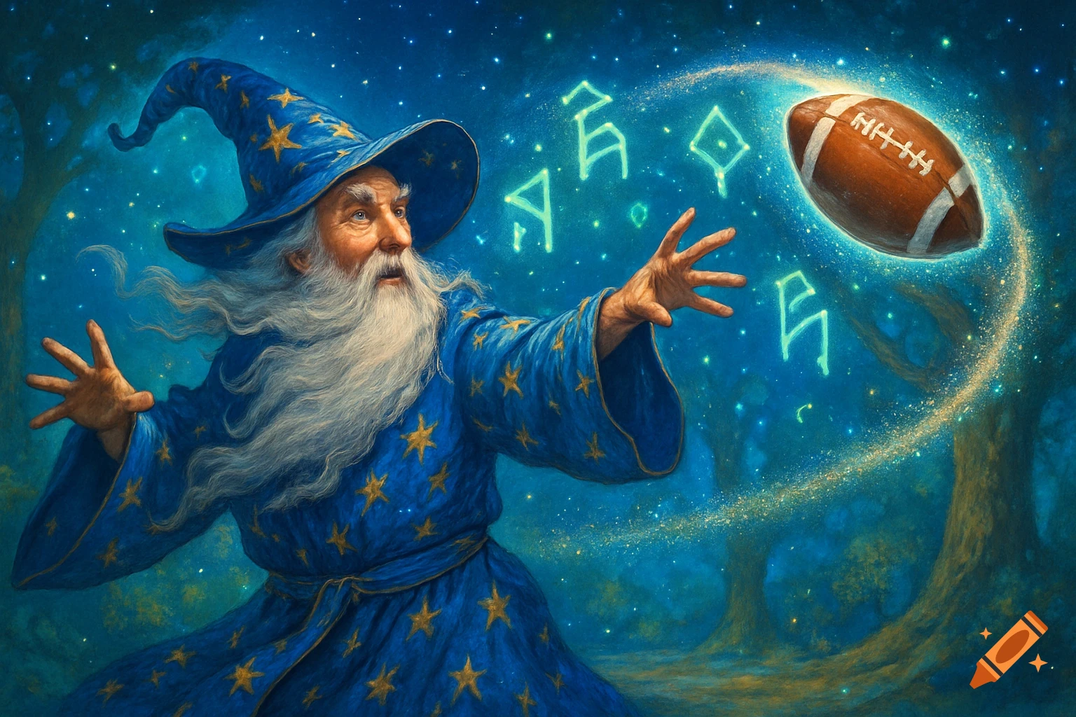 A magical wizard in a blue, star-spangled robe conjures an American football with glowing runes and starlight, digital art.