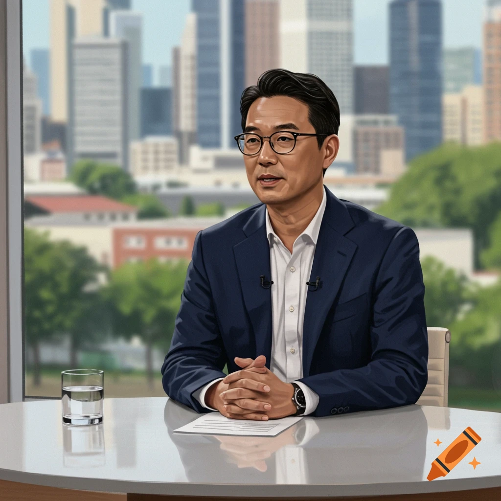 A man in a suit and glasses sits at a table with clasped hands, being interviewed in front of a city skyline.