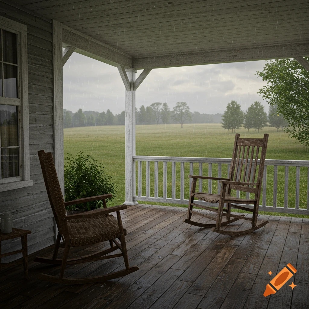 A photorealistic image of a wooden covered porch with two rocking chairs, looking out over a green field during a light rain shower.