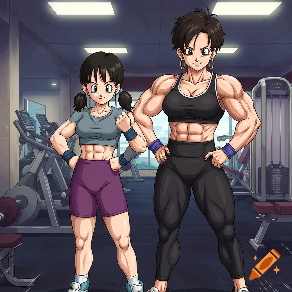 Two muscular anime women, Videl and her mother, pose flexing their muscles in a gym. Anime style.