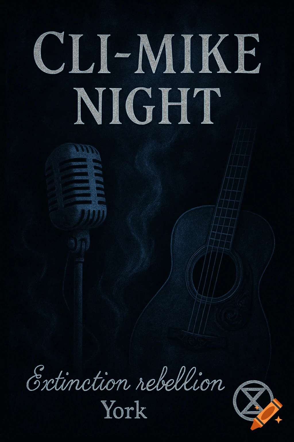 A dark, stylized poster for 'Cli-Mike Night' featuring a vintage microphone and acoustic guitar. Text 'Extinction rebellion York' and the Extinction Rebellion hourglass logo are at the bottom.