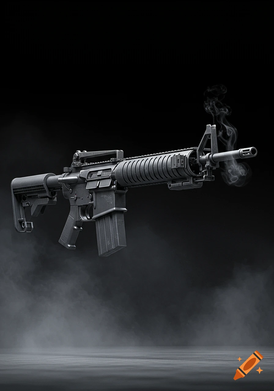 Photorealistic M4 rifle with an extended stock, barrel smoking, against a dark, smoky background.