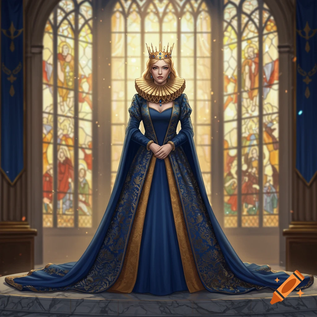 A majestic queen in a blue and gold gown and crown stands before stained glass windows in a grand hall.
