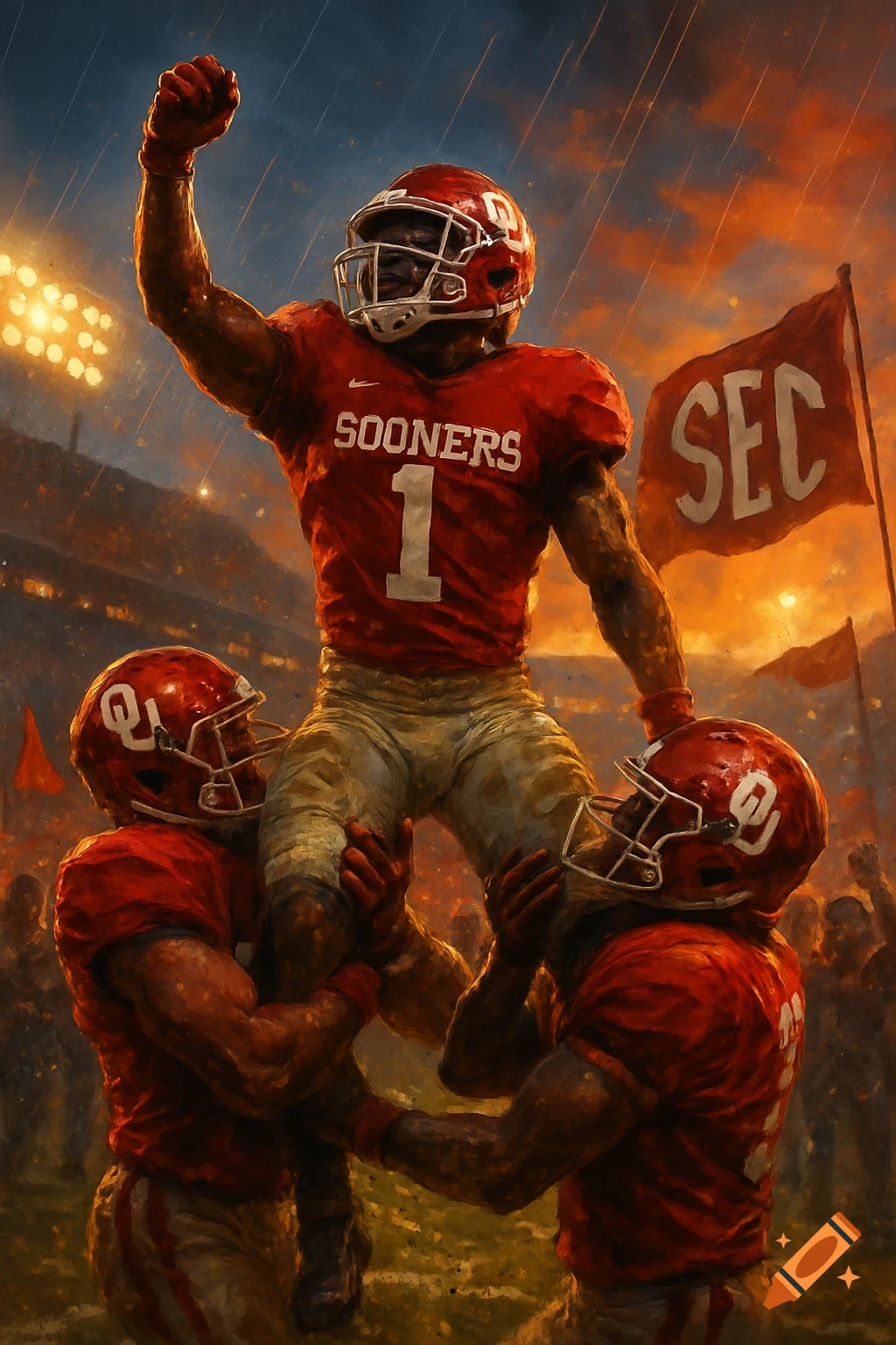 Illustrated football players celebrating on the field, with one player lifted by teammates under a dramatic, rainy sky. Text reads 'SOONERS' and 'SEC'.