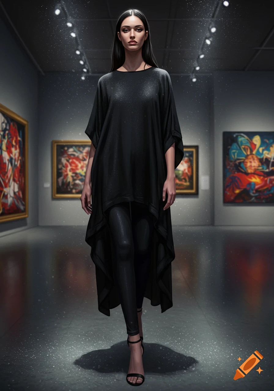 A tall woman with long dark hair, wearing a black tunic and leggings, walks through a modern art gallery with abstract paintings on the walls.