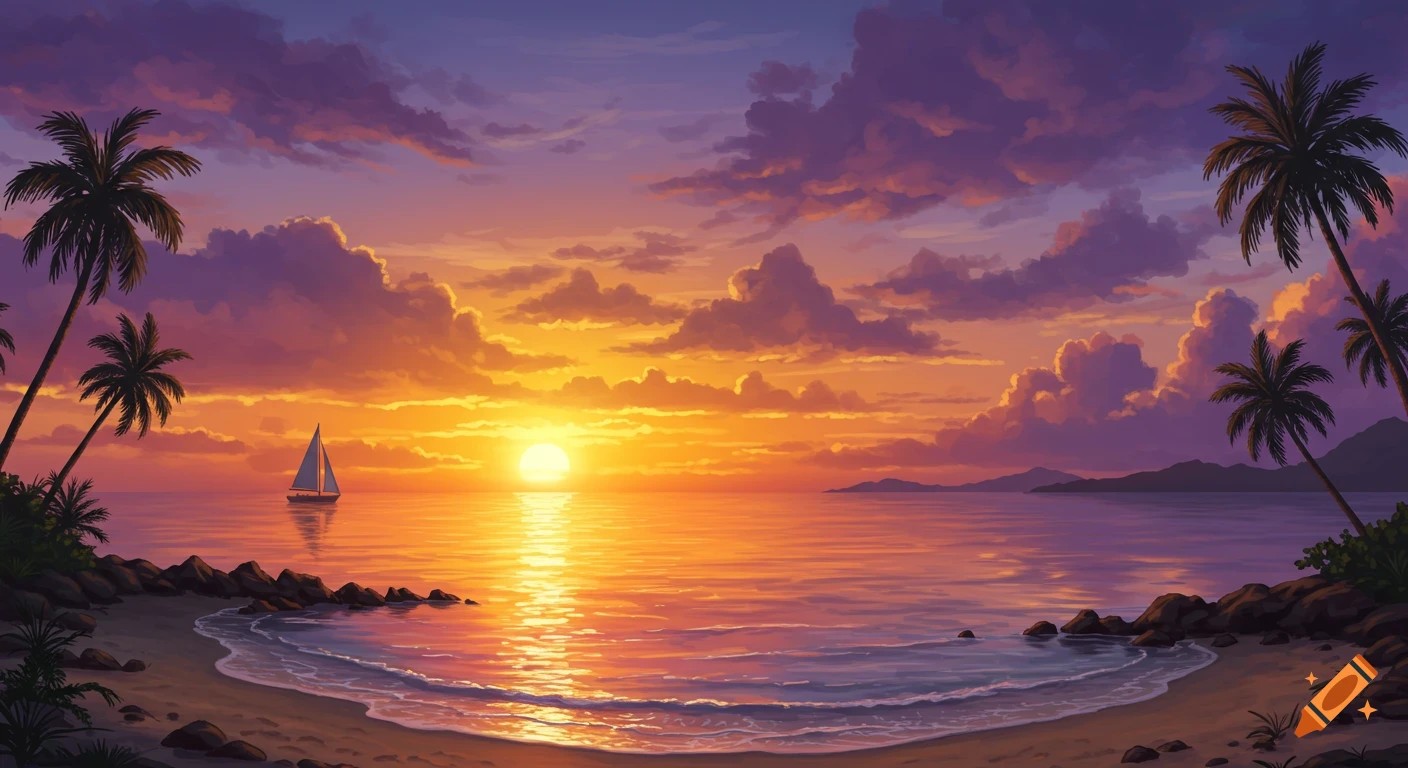 Vibrant tropical sunset over a calm ocean with a sailboat, seen from a sandy beach lined with palm trees.