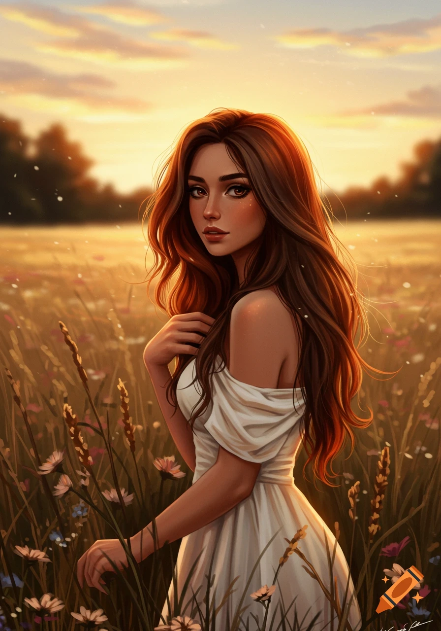 A young woman with long brown hair in a white dress stands in a sunlit field with wildflowers at sunset, digital art.