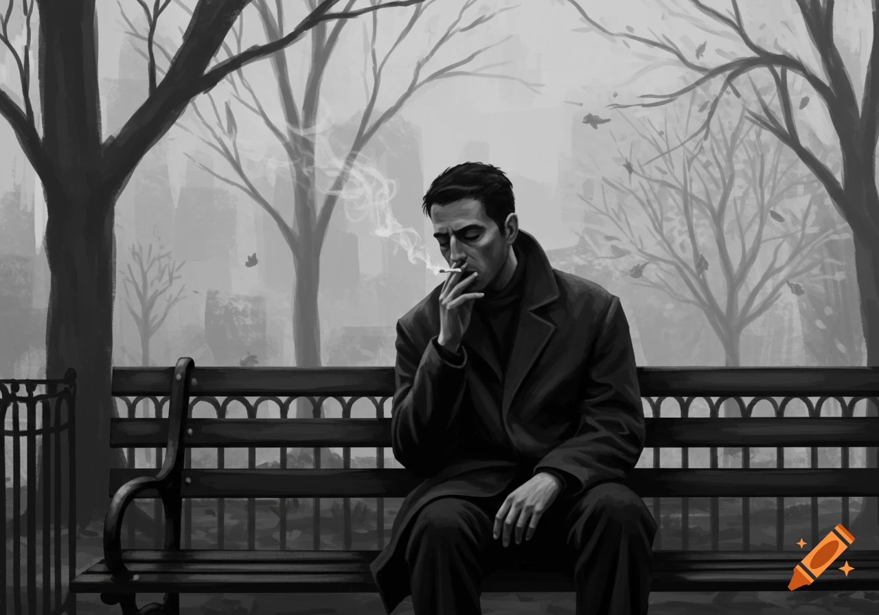 A black and white illustration of a man in a trench coat smoking on a park bench, looking pensive amidst bare trees.