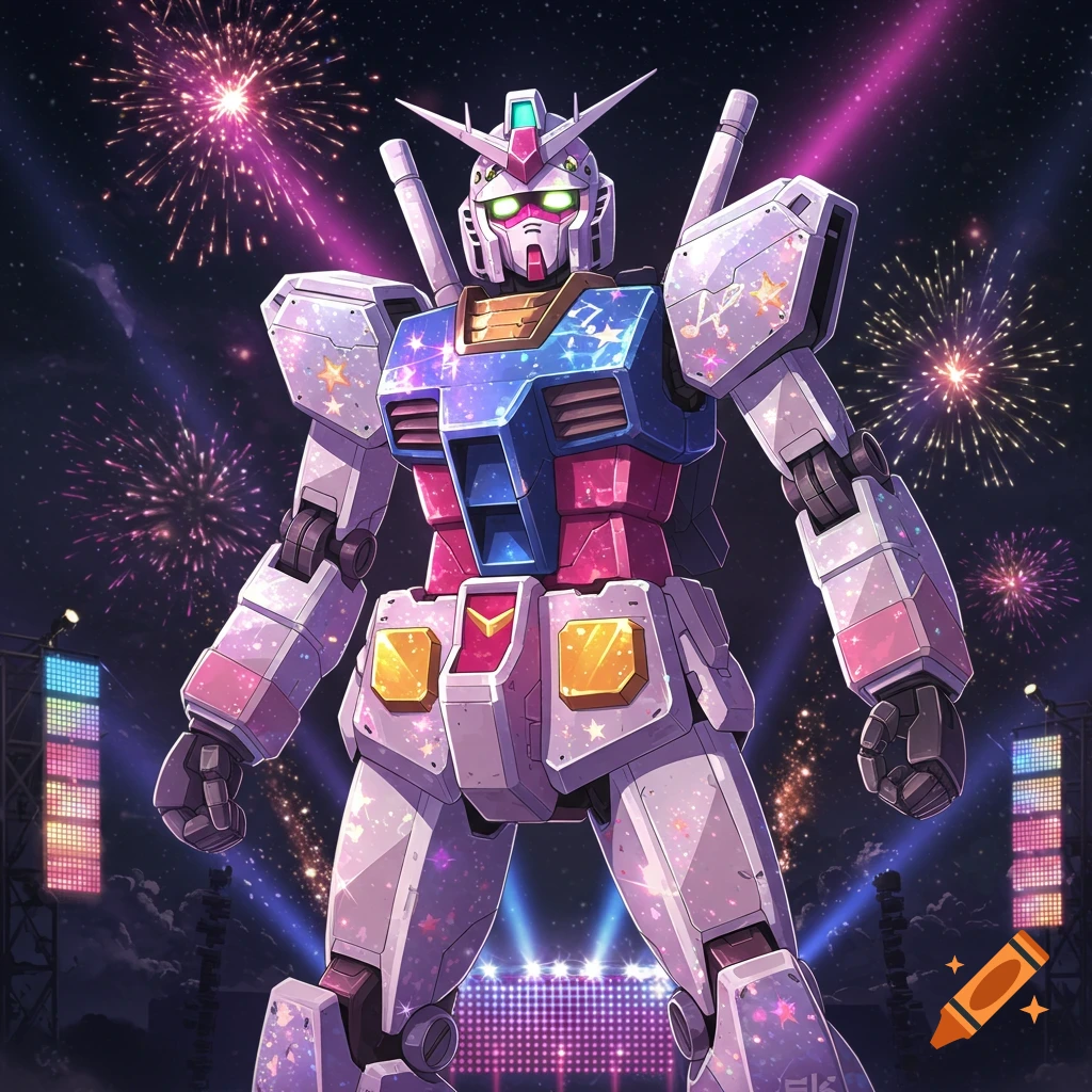 A vibrant, glittery Gundam mecha stands under a night sky filled with colorful fireworks and stage lights, in an anime style.