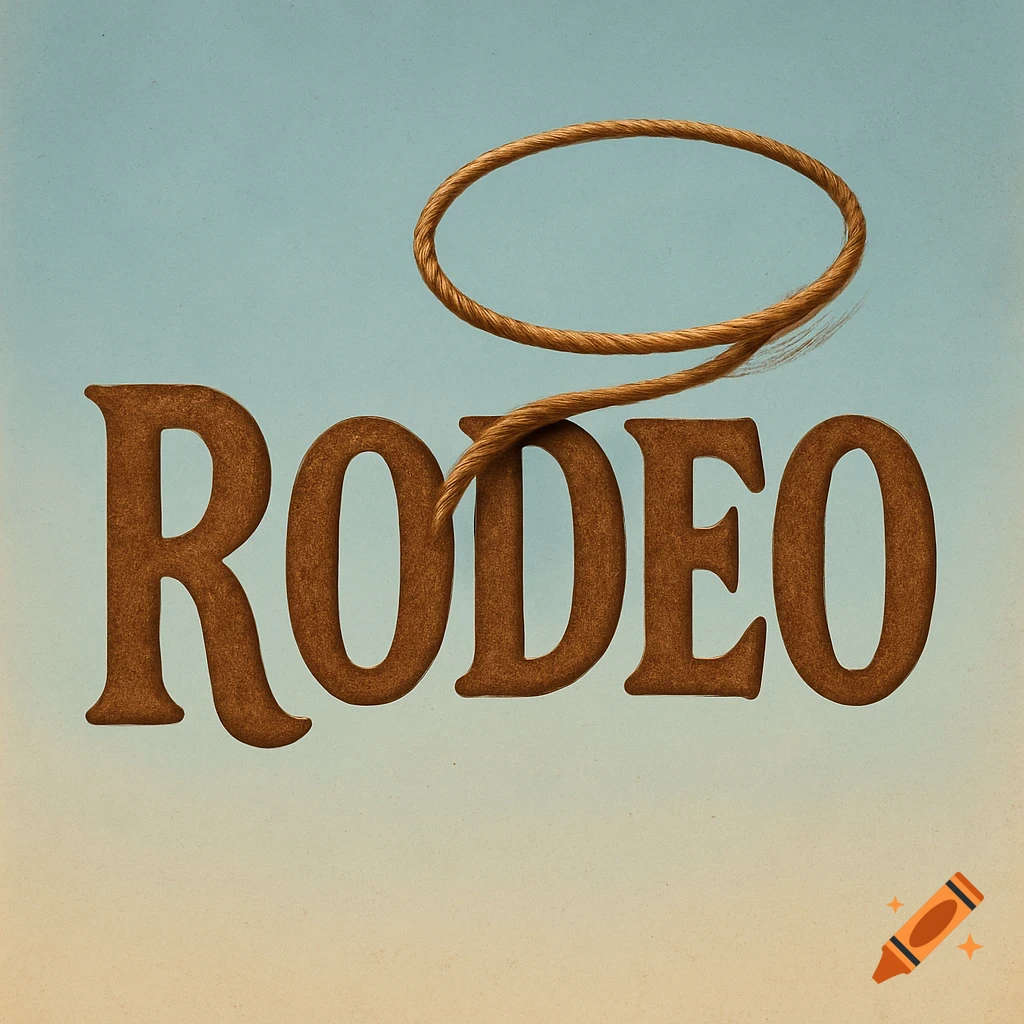 The word 'RODEO' in textured brown letters, with a lasso forming a loop above and around the first 'O', against a blue and brown gradient background.
