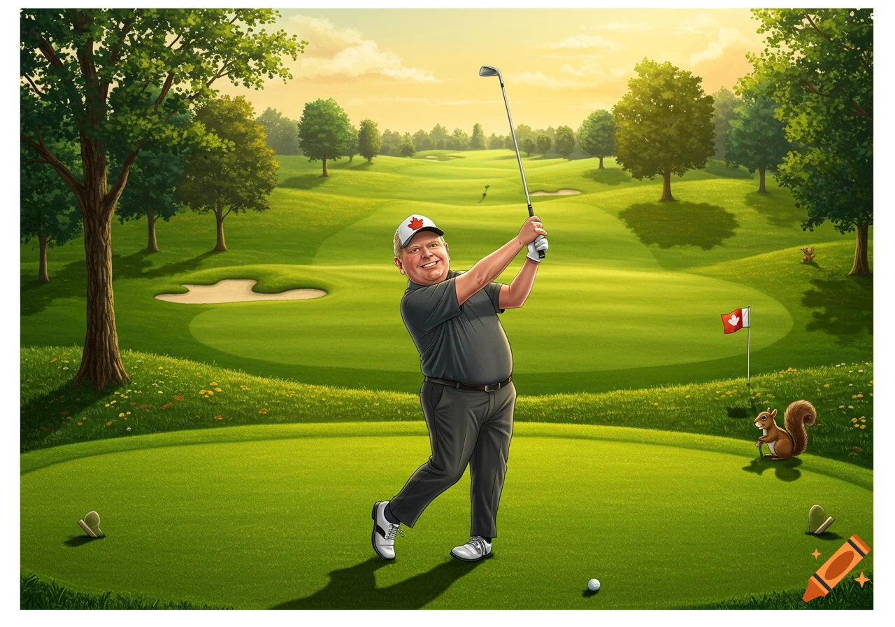 A smiling caricature of a man, resembling Doug Ford, in a grey polo and pants, swings a golf club on a lush green golf course with a squirrel and Canadian flags.