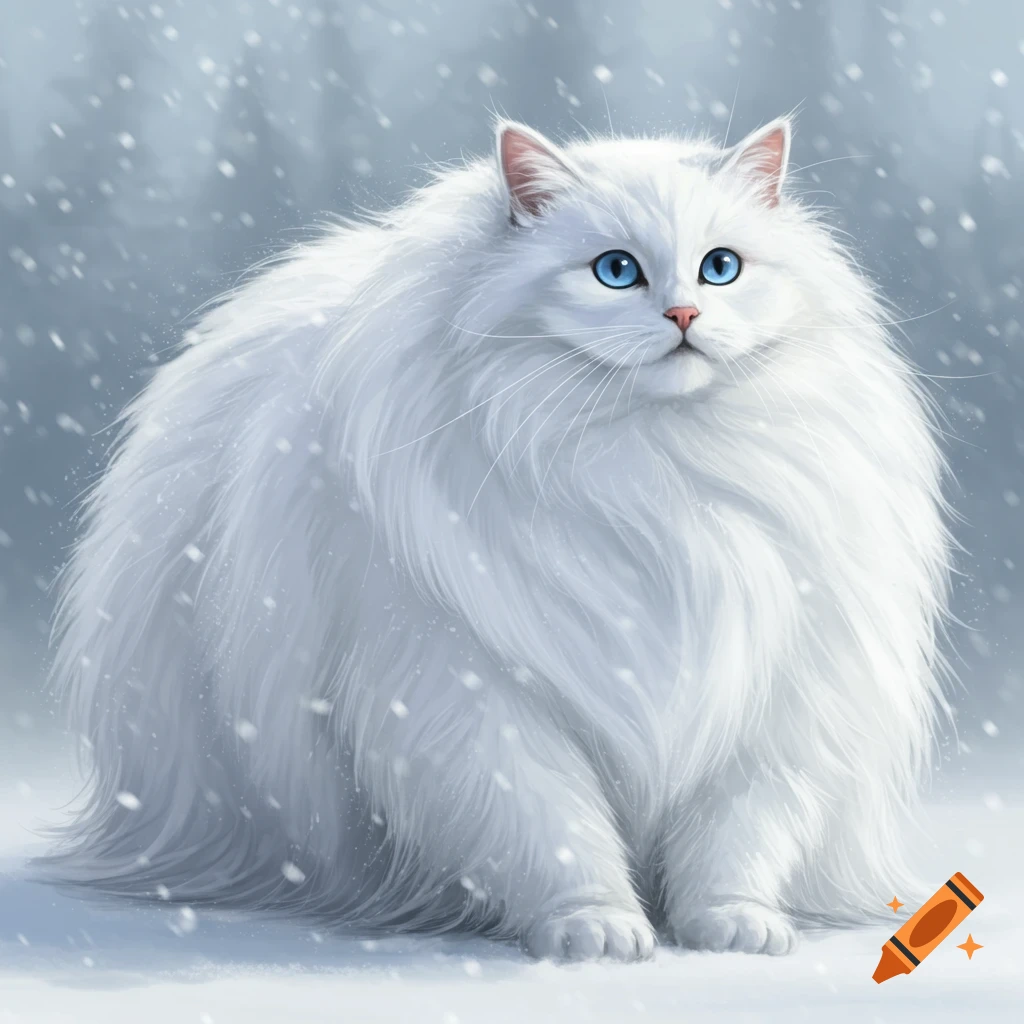 A fluffy white cat with blue eyes sits in falling snow, a digital painting.