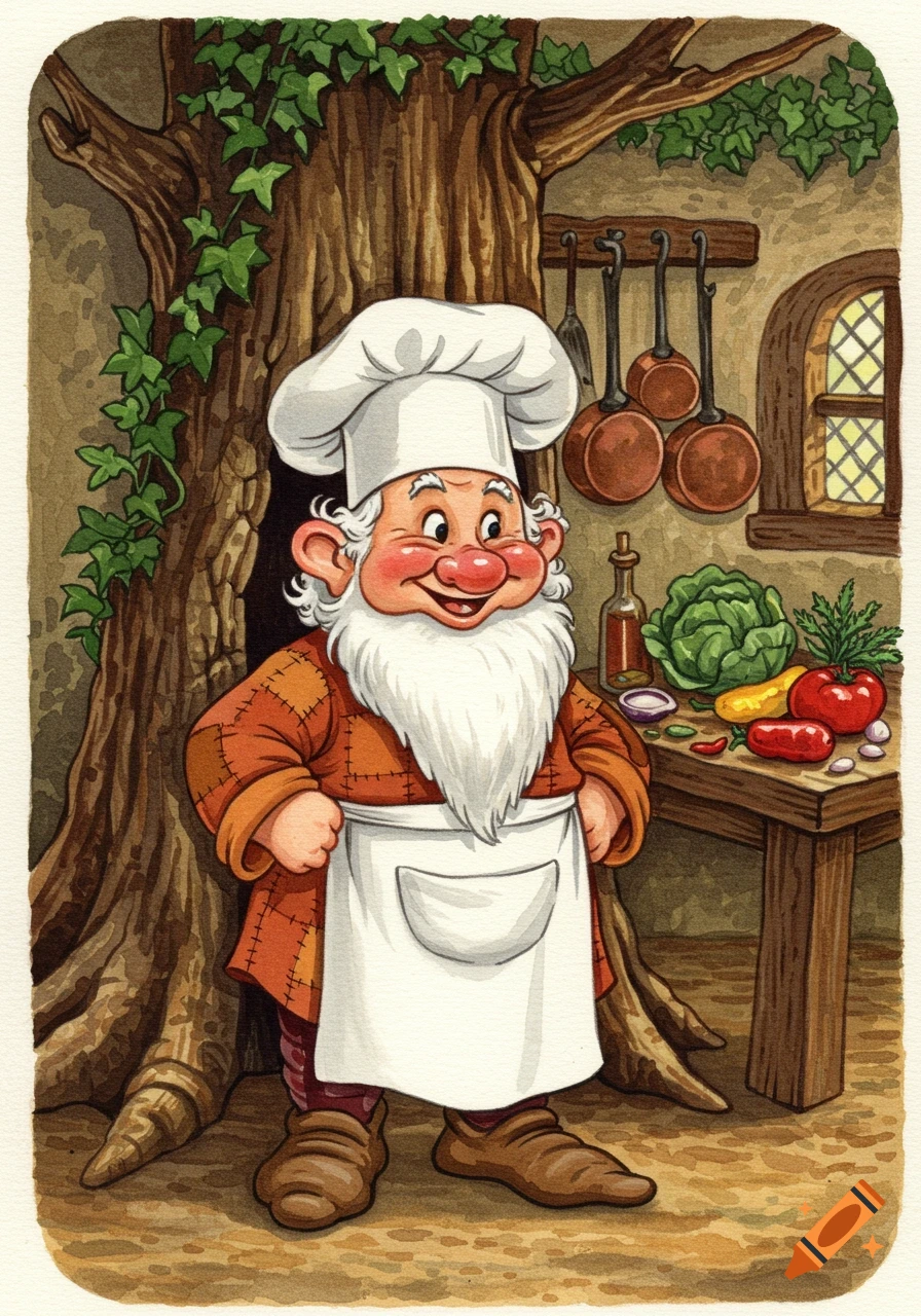 Cartoon illustration of a smiling chef dwarf with a long white beard and a chef's hat, standing by a tree and a table with vegetables.